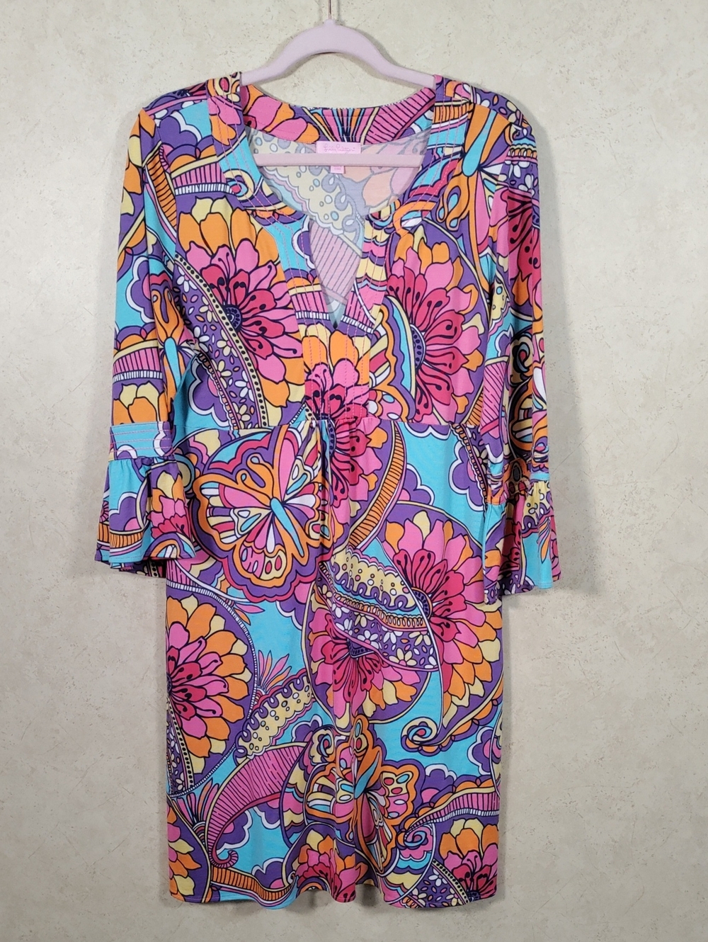 I131 Lilly Pulitzer Pink, Blue & Orange Floral Knit Mini Dress XL